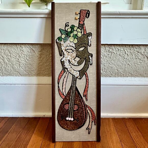Vintage Mid-Century Gravel Art Wall Hanging – Abstract Musician with Lute - Picture 10 of 16